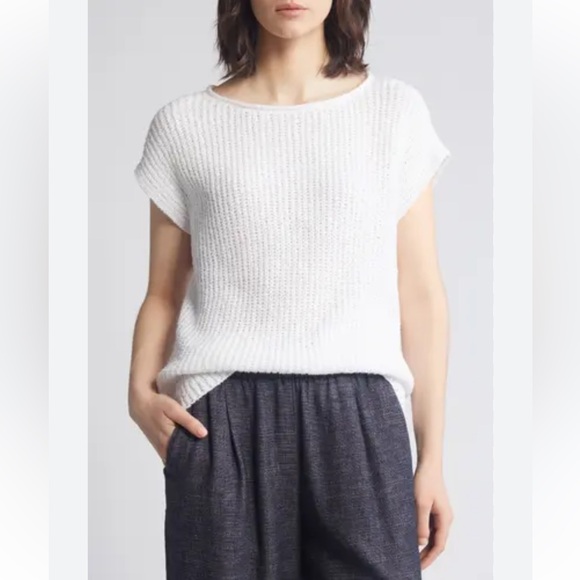 EILEEN FISHER Bateau-neck Top Cap-sleeve Sweater In White Size S Classic Casual - Picture 2 of 16